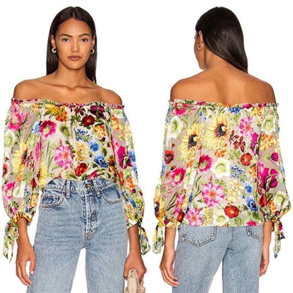 Alice + Olivia Tops - Alice + Olivia Alta Blouson Blouse with Ties Floral Peasant Top Silk Blend (M1)